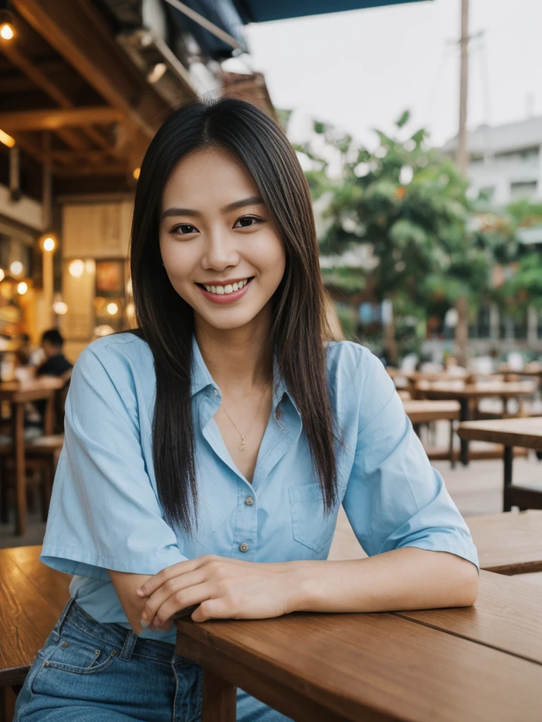 her name is Danielle, high quality, 1girl, ((27-year-old SLIM Asian woman)),((Filipina nose)), ((27 years old)), ((BODY TYPE: slim)),((Tied HAIR)), ((EYE COLOR: Light blue)), ((Close-up)), Smiling, pose: Crossed-legged , wearing Generation-Z modern wear VARIETY colored, BACKGROUND: " Outdoor: A small cafe with warm lighting, wooden tables, and the smell of freshly brewed coffee in Manila."