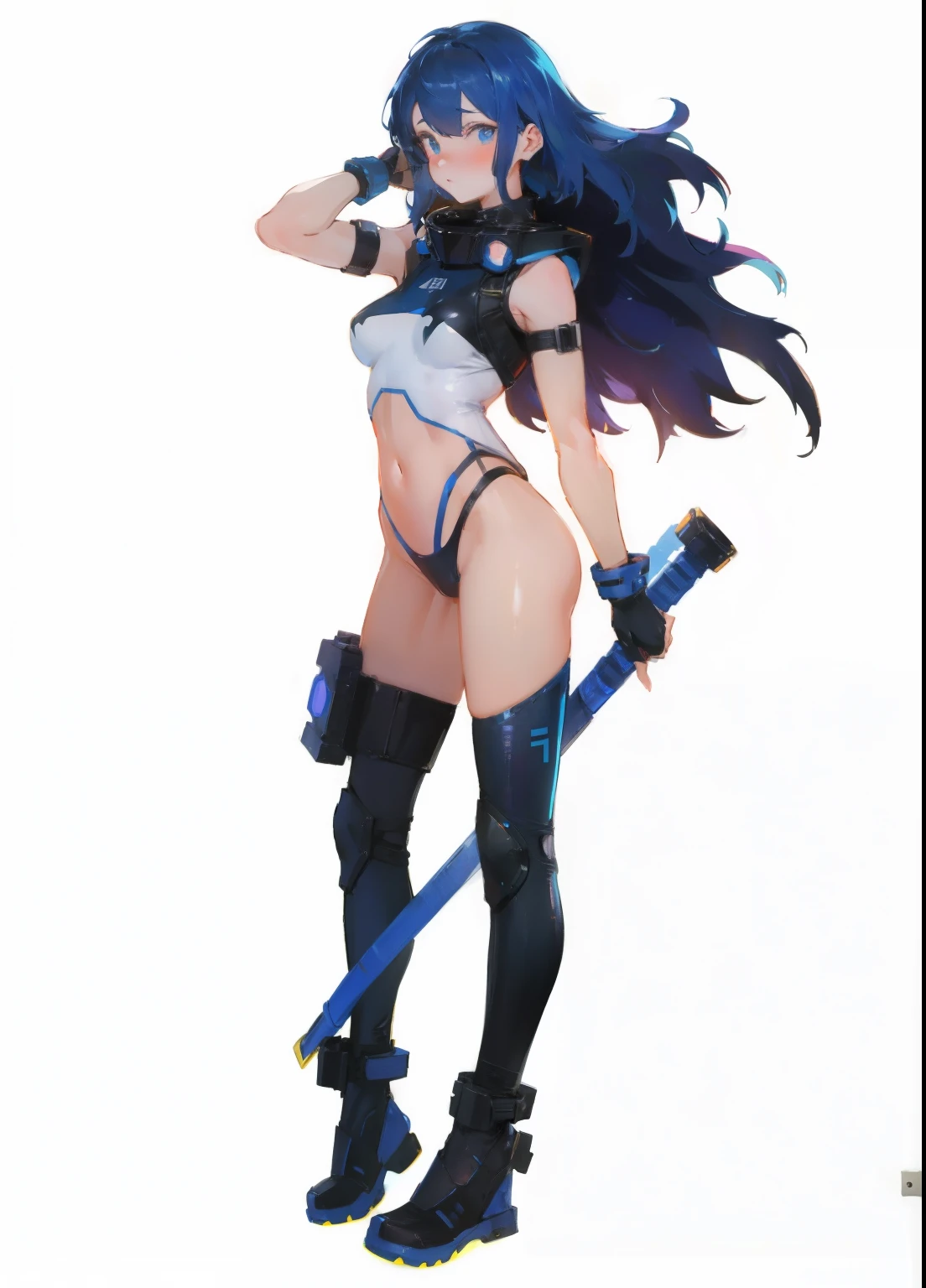 Female warrior in rubber combat suit, seven-color lighting, built-in blue lamp, outer space, looking at viewer, embarrassed expression, blushing