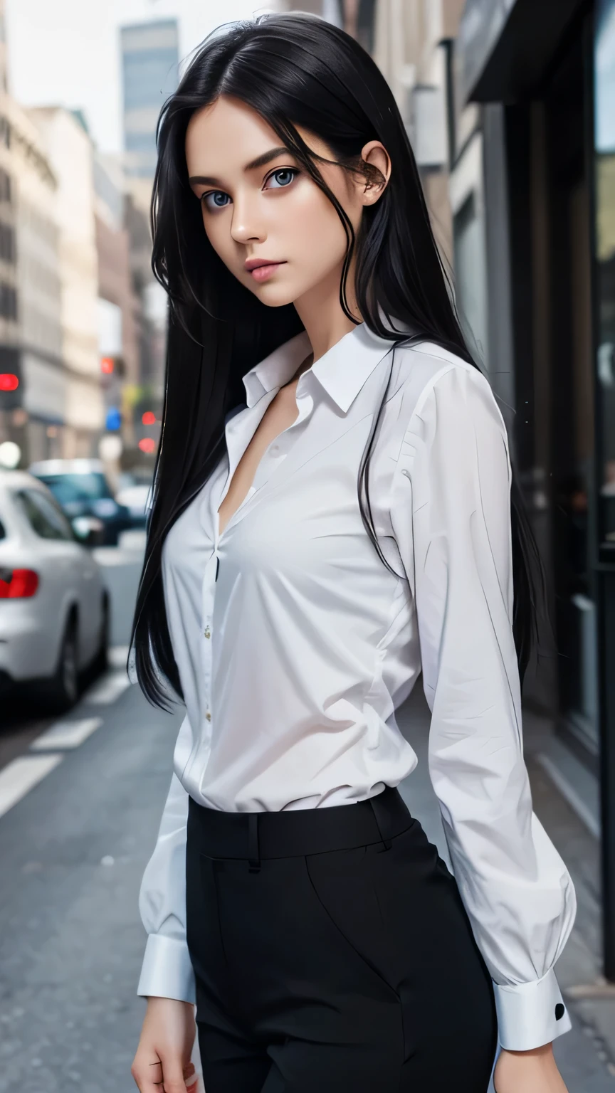 young woman,Very long straight black hair,blue eyes,Office Suits,White shirt,Waist up shot,Sulky look