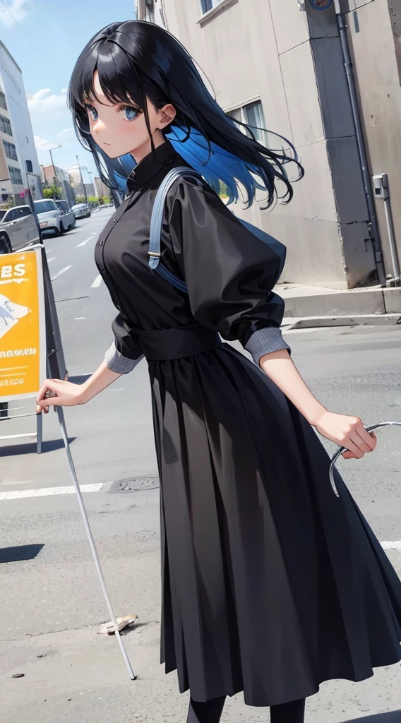 Girl, black long skirt , blue hair