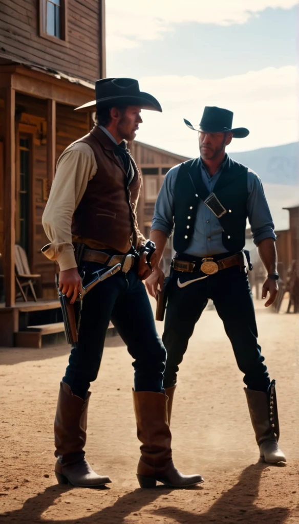 a duel of two gunslingers in the main street of a small wild west town, two cowboys facing each other, dusty western setting, dramatic lighting, intense facial expressions, detailed cowboy outfits, leather, holsters, revolvers, rugged terrain, wooden buildings, saloon in the background, (best quality,4k,8k,highres,masterpiece:1.2),ultra-detailed,(realistic,photorealistic,photo-realistic:1.37),cinematic composition, dramatic shadows and highlights, gritty western atmosphere, line art, flat colors