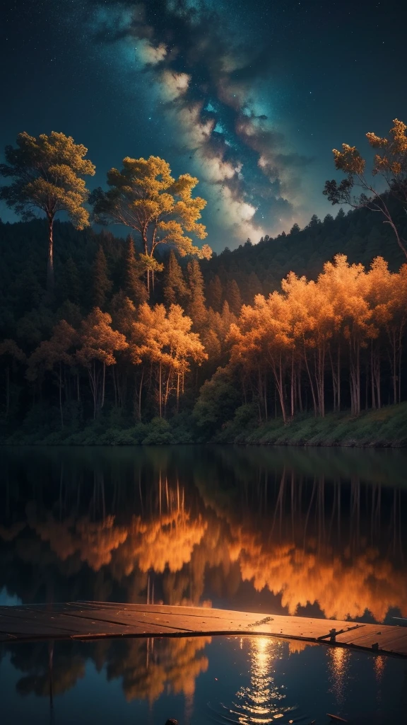 best quality, masterpiece, Ultra-high resolution, a wonderful night, Photo taken from a lake between two jungles