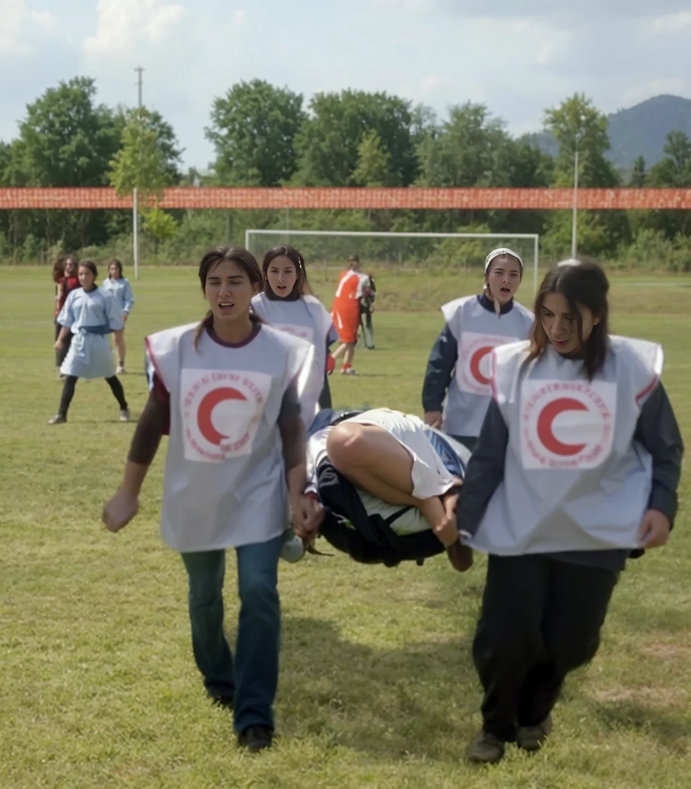 a lying soccer player on a stretcher is carried directly frontalway towards us