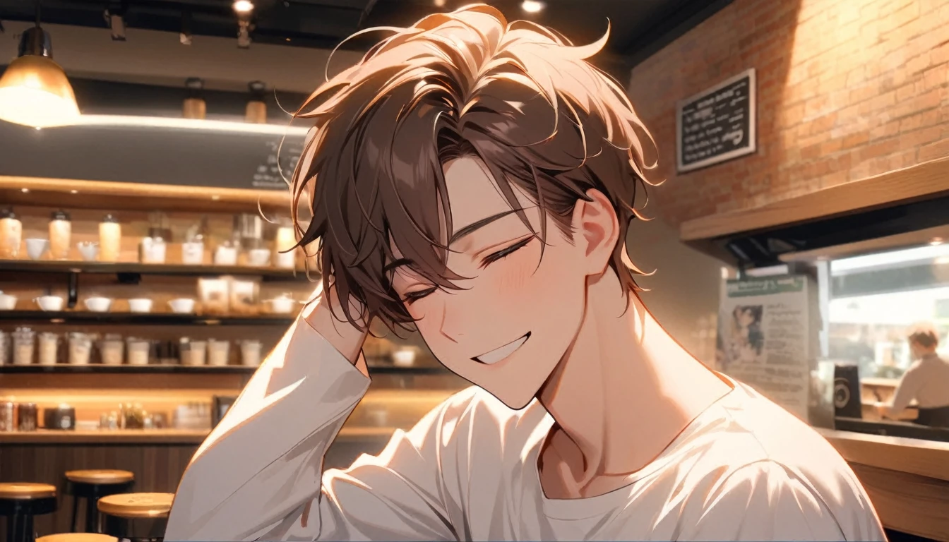 1 young man,single,short brown hair,The eyes shine brightly.,white shirt,Close your eyes and smile.,Tilt your head shyly.,hand scratching head,Look at the audience.,coffee shop,Portrait of a single person,half body photo,Medium shot