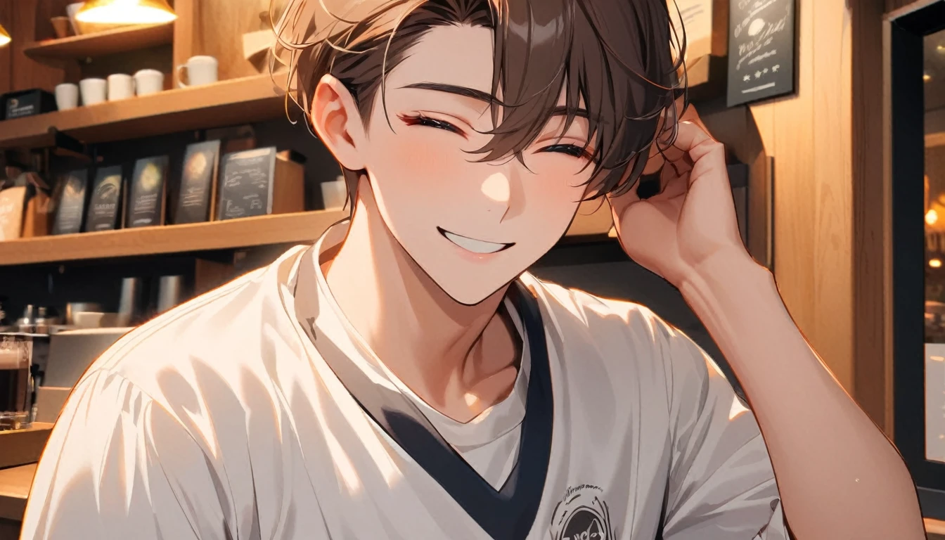 1 young man,single,short brown hair,The eyes shine brightly.,white shirt,Close your eyes and smile.,Tilt your head shyly.,hand scratching head,Look at the audience.,coffee shop,Portrait of a single person,half body photo,Medium shot