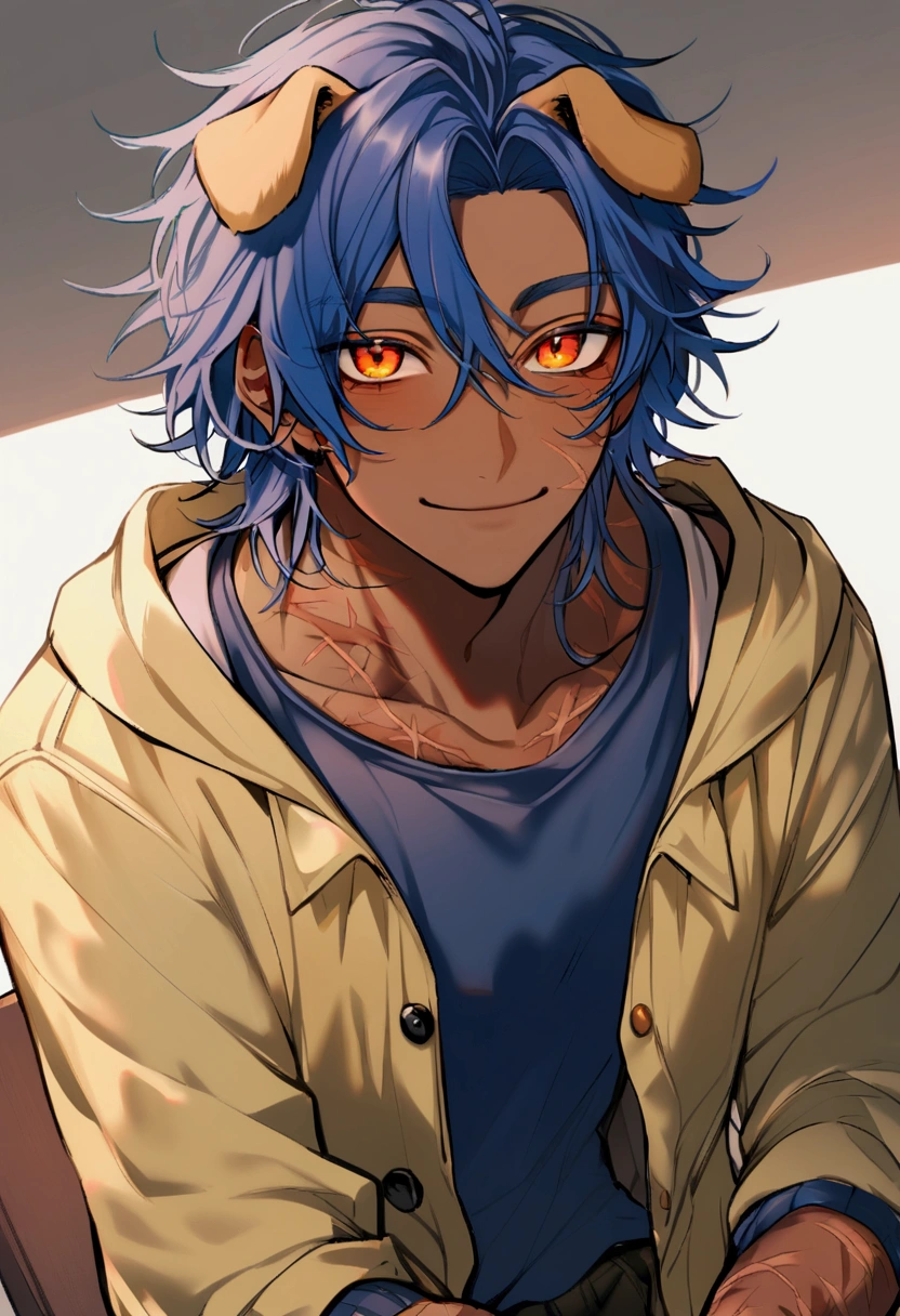 male, boy, brown skin, navy blue hair, messy hair, orange eyes, scars all over his body and face, Yagimimi, has dog ears, casual clothes, smiling