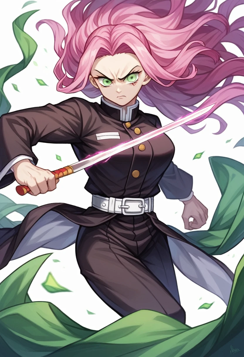 Mitsuri kanruji from demon Slayer,Pink hair with green edges, green eyes, dressed as a demon slayer, holding a s Mitsuri Kanroji from Demon Slayer stands tall, her pink hair with green edges flowing gracefully in the wind. With determination in her green eyes, she is dressed in the iconic Demon Slayer attire, exuding strength and valor. Her hands firmly grip a glistening sword, ready for battle against the forces of evil.
Modifiers: Bold, fierce, determined, vibrant, heroic, dynamic, flowing hair, intense gaze, powerful stance
Artist/Style Inspiration: Inspired by the works of Koyoharu Gotouge, Kimetsu no Yaiba art style, Ukiyo-e
Technical Specifications: Manga/anime style, dynamic poses, dynamic lighting, sharp focus, detailed textures, action-packed, ink brush style, cel-shaded, Unreal Engine 5, vibrant colors