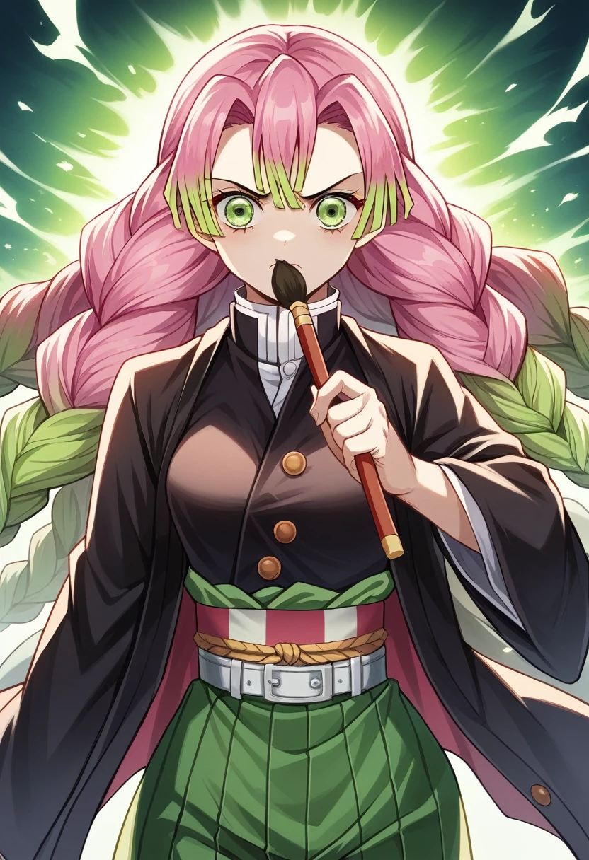 epic composition, Battle, combat stance, Hot springs, a 1girl, beautiful big breasts, old Japan, rose hair, Bright green color at the ends of the hair, MitsuriKanroji,stands in full growth, (Body Full 1:1), Dazzling, pectorals, In art: Demon Slayer, Demon Slayer Art Style, demon slayer rui fanart, badass anime 8 k, Demon Slayer, Anime Key Art, 4 k manga wallpapers, kimetsu no yaiba, anime wallaper, Ultra Transparent, Ultra Detailed, very extremely beautiful, anime epic artwork, Anime Art Wallpapers 8K, Local Art & epic composition, very extremely beautiful, beautiful breasts, old Japan, (tmasterpiece, beste-Qualit),