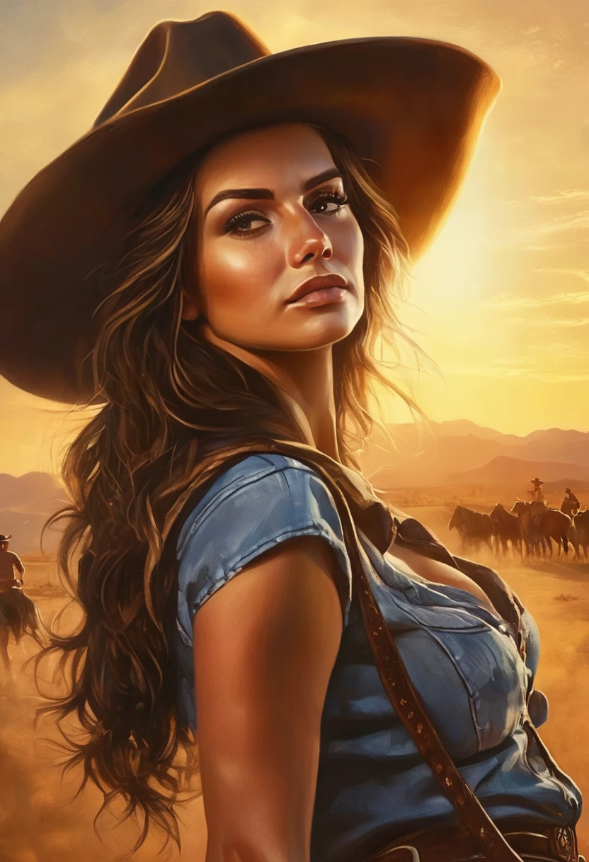 1. Cowboy, Rodeo, Oil painting, Cowgirl, Cowboy hat, lasso, horse, Ranch, sunset, desert, Action pose, Detailed face, (Highest quality,4K,8k,High resolution,masterpiece:1.2),Very detailed,(Realistic,photoRealistic,photo-Realistic:1.37),Cinema Lighting,Dramatic Shadows,Vibrant colors,Dynamic configuration