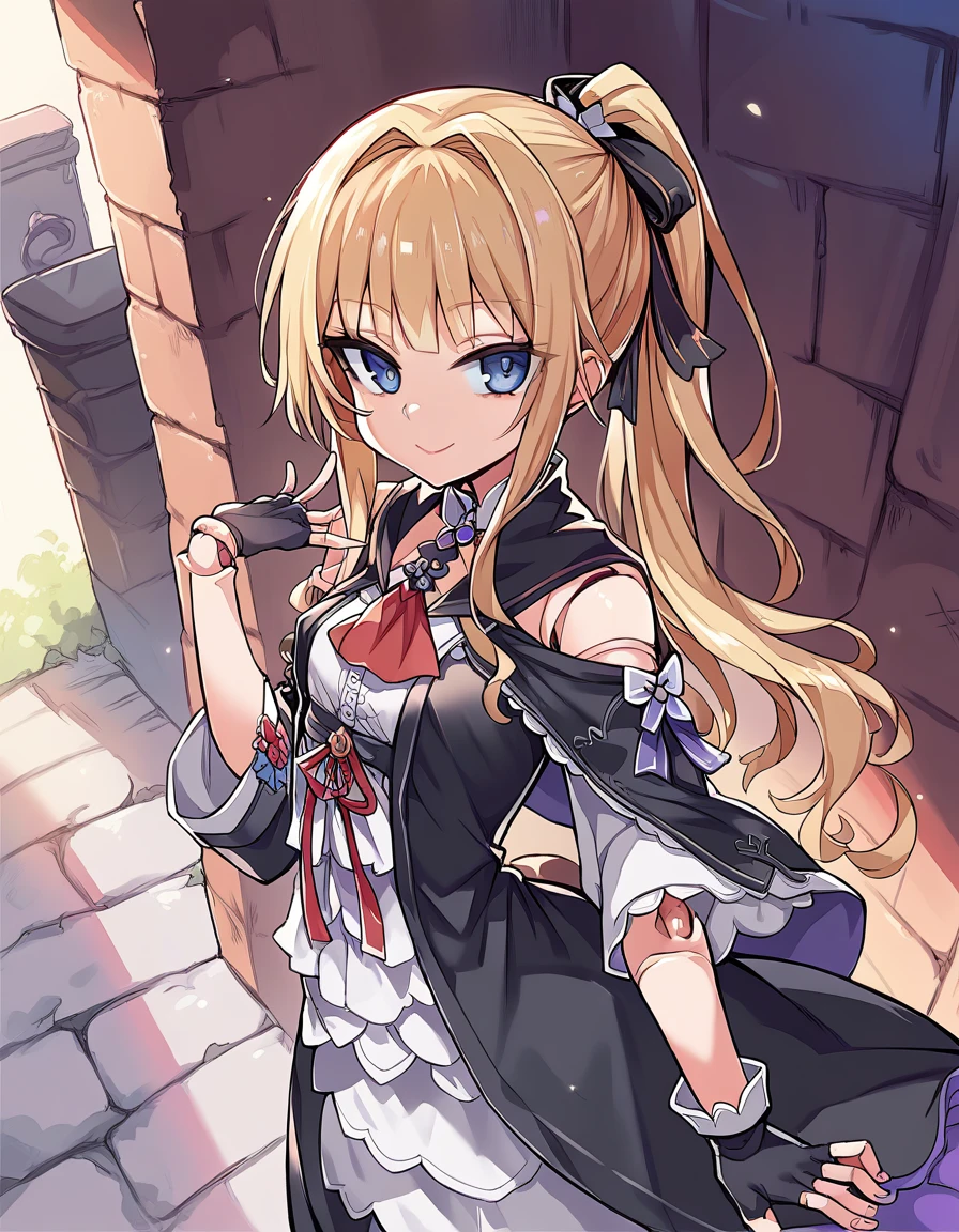 score_9, score_8_up, score_7_up, 1 girl, hsrherta, doll joints, (blonde ponytail hair, blue eyes), skinny, black robe, capelet, red ascot, fingerless gloves, smiling, posing, looking at viewer, small breasts, victorian alley, mist