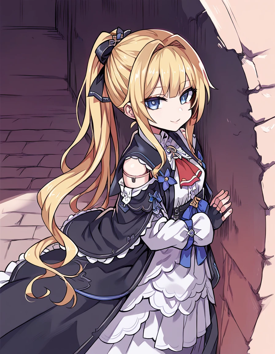 score_9, score_8_up, score_7_up, 1 girl, hsrherta, doll joints, (blonde ponytail hair, blue eyes), skinny, black robe, capelet, red ascot, fingerless gloves, smiling, posing, looking at viewer, small breasts, victorian alley, mist