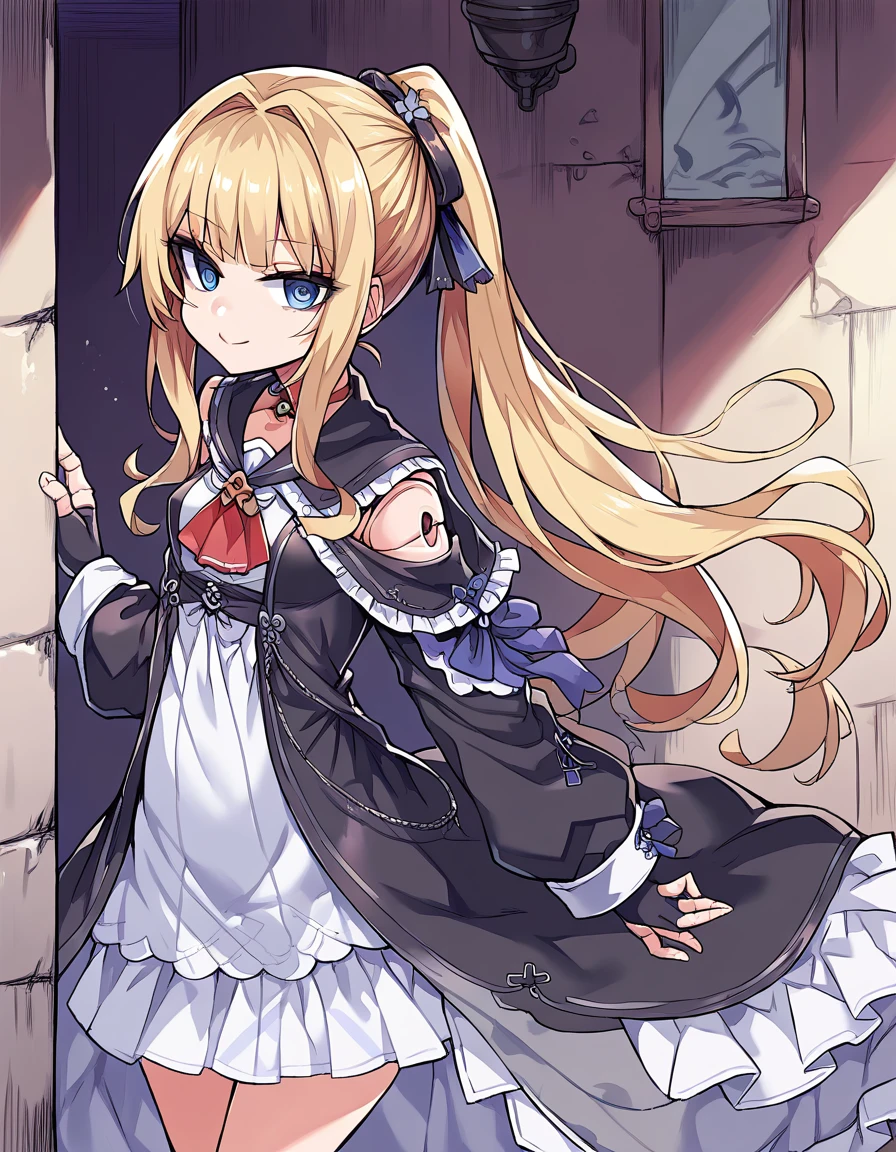 score_9, score_8_up, score_7_up, 1 girl, hsrherta, doll joints, (blonde ponytail hair, blue eyes), skinny, black robe, capelet, red ascot, fingerless gloves, smiling, posing, looking at viewer, small breasts, victorian alley, mist