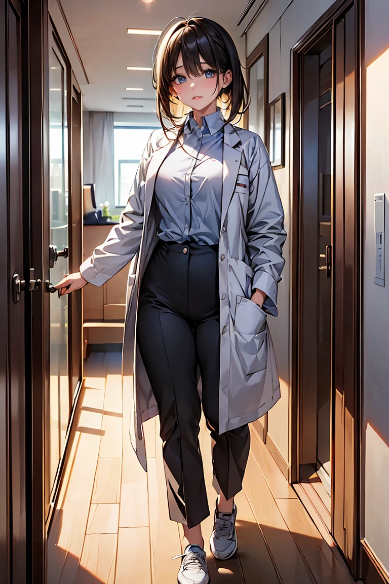 ((masterpiece), ((Highest quality)), (masterpiece,Highest quality,Official Art,Highly detailed CG Unity 8k wallpaper)、((Hourglass body type:1.3、Medium breast))、(Examination room:1.8), "A female doctor from the near future wears a highly functional uniform。Antifouling、antibacterial、Breathable、温度調節機能を持つ高性能素材で作られたクリーンなホワイトAlsoは淡いブルーのタイトフィットなラボコートを着ています。The lab coat has a slim design、Smart collar、Hidden snap buttons at cuffs、Has multiple storage pockets。下には吸湿速乾性のあるホワイトAlsoは淡いパステルカラーのシャツやブラウスを着ており、Tight fit for ease of movement、The design emphasizes the chest area.:1.6。The pants are tight-fitting straight pants.、Alsoは膝丈のAラインスカートで、Both are made from the same high-performance materials。For footwear, wear comfortable, supportive white or silver flats or sneakers。As an accessory、Lightweight and highly sensitive stethoscopes available in silver and pastel colors、Simple and easy to read name tag design、Waterproof smartwatch、antibacterial仕様の使い捨て手袋があります。Also、It also has pockets for storing small electronic devices and tools.。"