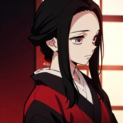 (best quality,highres:1.2),ultra-detailed,photo-realistic:1.37,kimetsu no yaiba style,(female:1.1),(beautiful:1.1) lady 13 years old with long flowing black hair,(red blood:1.1),(soft:1.1),(bright:1.1) eyes. Black kimono.