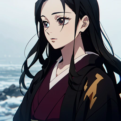 (best quality,highres:1.2),ultra-detailed,photo-realistic:1.37,kimetsu no yaiba style,(female:1.1),(beautiful:1.1) lady 13 years old with long flowing black hair,(red blood:1.1),(soft:1.1),(bright:1.1) eyes. Black kimono.