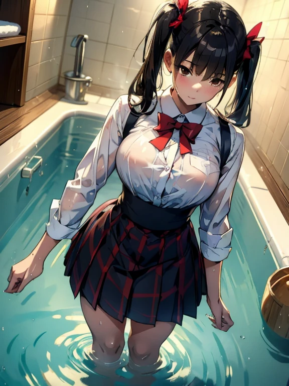 (masterpiece, best quality:1.2), in the bath , wet clothes, soaked, wet hair, wet skin, translucent, glistening with oil , dishevelled , solo, 1girl, school girl uniform , steam , plaid skirt , pleated skirt , The shirt is tight. , white shirt , school girl , red bow , red knot , red eyes, intricate, highres, 8k, detailed hair , wet and sweaty , wet white shirt , clothes were so wet that her breasts could be seen niple  , Soak in water , LingX,black hair,twintails,brown eyes,hair ornament,