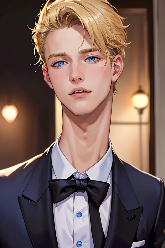 (Masseter film,best quality,Extremely detailed), (Delicate face), 1 boy, A young man bidding farewell to his childhood,(Front view),(Photorealistic:1.2),(Side lights,beautiful of detail:1.2),blond,Face Focus,Black suit,Black jacket,Black tie,vampire,confident,Ten billion people,blue eyes,mafia,Secret Societies