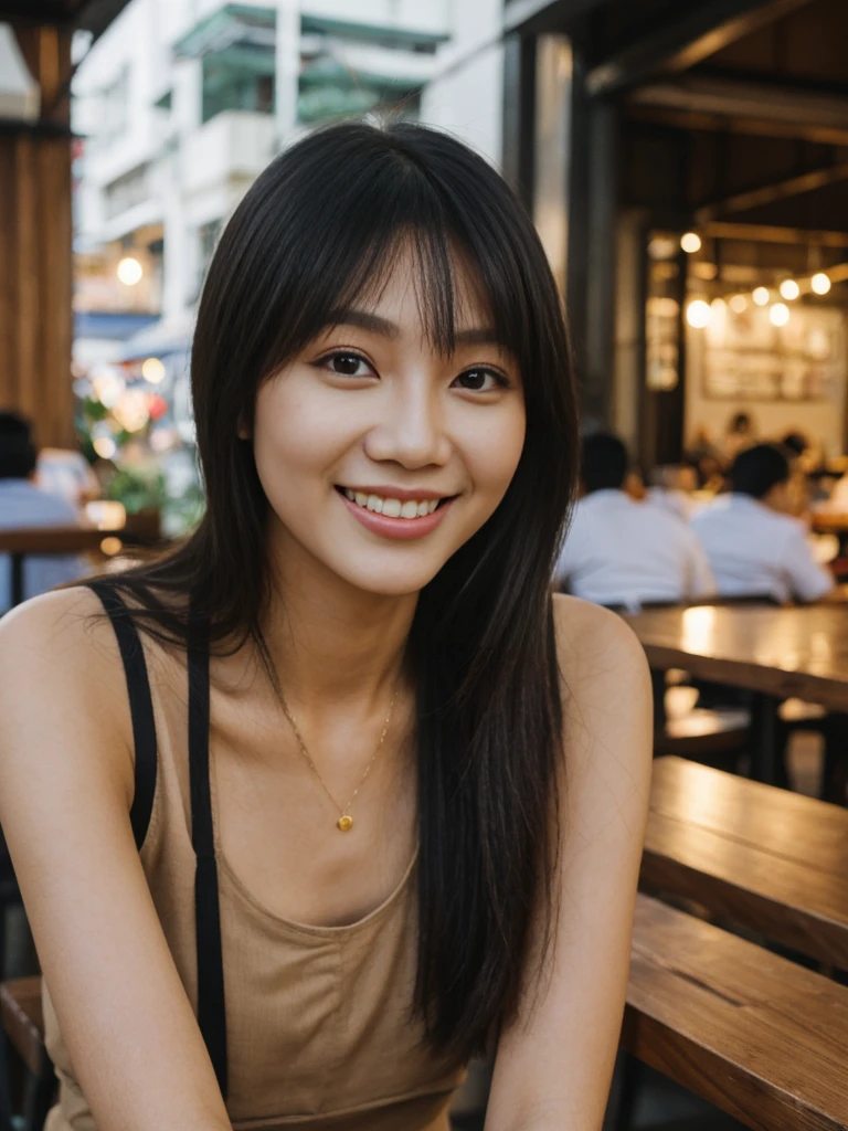 her name is Danielle, high quality, 1girl, ((27-year-old SLIM Asian woman)),((Filipina nose)), ((27 years old)), ((BODY TYPE: slim)),((Tied HAIR)), ((Color of eyes is Black)), ((Close-up)), Smiling, pose: Crossed-legged , wearing Generation-Z modern wear VARIETY colored, BACKGROUND: " Outdoor: A small cafe with warm lighting, wooden tables, and the smell of freshly brewed coffee in Manila."