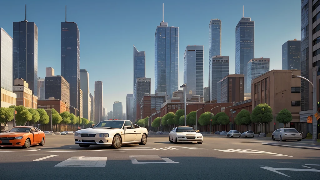"Create a high-resolution image of a dramatic city scene with tall modern buildings in the background and busy streets filled with cars. In the foreground, depict two white animated cats. One is an adult cat lying on the road with visible wounds and blood, while the other is a kitten sitting beside the adult cat, crying. The setting includes elements like traffic cones and various urban details, showcasing a sense of urgency and sadness. The overall emotional tone should be melancholic and poignant."