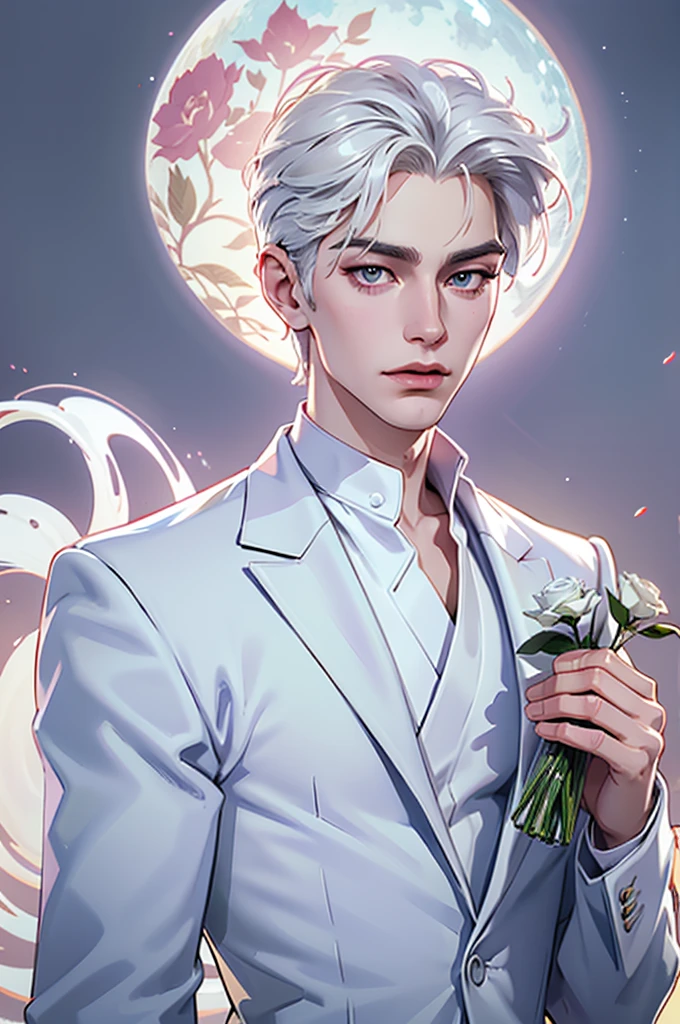 There is a white hair、man wearing white suit,Holding a rose in hand, author:Yang J, IG model | Artistic Germ, Extremely detailed white-haired deity, beautiful androgynous prince, neoartcore 和 charlie bowater, Epic and detailed male character art, Nearly perfect, Shot with Sony A7 IV for HD image quality, Studio Lighting, A faint floral scent