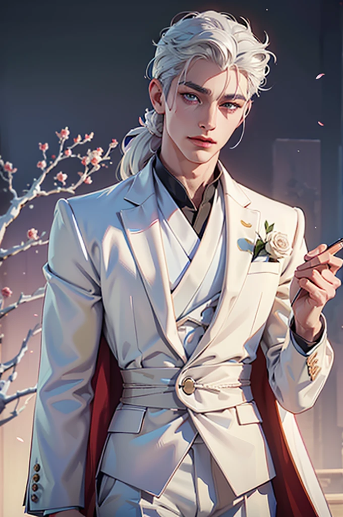 There is a white hair、man wearing white suit，Holding a rose in hand, author：Yang J, IG model | Artistic Germ, Extremely detailed white-haired deity, beautiful androgynous prince, neoartcore 和 charlie bowater, Epic and detailed male character art, Nearly perfect, Shot with Sony A7 IV for HD image quality, Studio Lighting, A faint floral scent