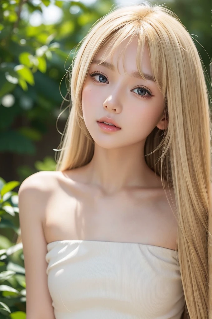 A beautiful face with blonde hair blowing in the wind、Beautiful bright light brown eyes hidden by her hair、white and shiny skin、beautifully、Very long、Shiny, silky blonde hair、美しいbangs、Sexy 18 year old very beautiful woman、Unparalleled beauty、Cheek gloss、Beautiful Skin、Small Face Beauty、eyeliner、bangs、Bang to the face、Hair above the eyes、Round face、Strapless Summer Dress,Front facing,whole body、