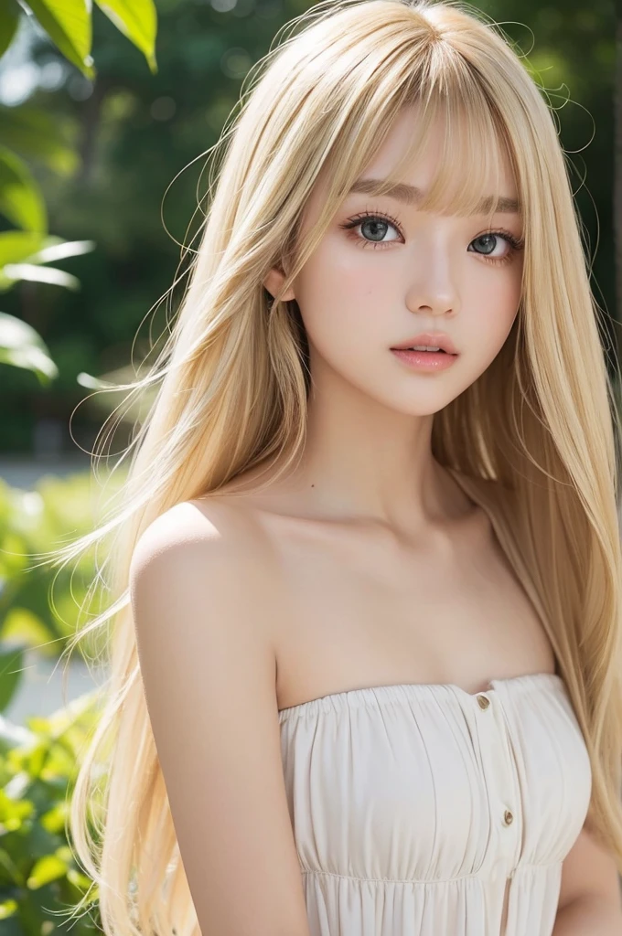 A beautiful face with blonde hair blowing in the wind、Beautiful bright light brown eyes hidden by her hair、white and shiny skin、beautifully、Very long、Shiny, silky blonde hair、美しいbangs、Sexy 18 year old very beautiful woman、Unparalleled beauty、Cheek gloss、Beautiful Skin、Small Face Beauty、eyeliner、bangs、Bang to the face、Hair above the eyes、Round face、Strapless Summer Dress,Front facing,whole body、