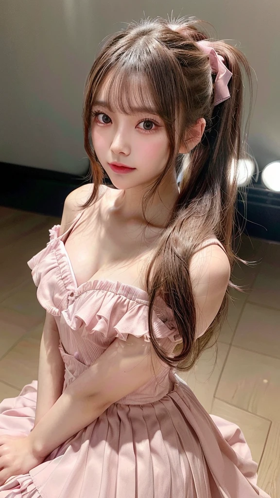 blush,Small breasts,,Long hair ponytail,on stage,Are standing,Face close-up,((8k, RAW Photos, Highest quality, The pieces fly:1.2), (reality, Realistic:1.4), (非常に詳細な8k壁紙), Written boundary depth, Cinema Lighting, Soft Light, Detailed beauty eyes,Shiny and smooth light brown ponytail, Asymmetrical bangs, Glowing Skin, Highly detailed skin ,High resolution, Attention to detail, Detailed hairstyle, Detailed beauty face, Hyper Real, Perfect limbs, Perfect Anatomy ,1 Japanese girl,Famous Japanese Idols, Perfect female body,A shy smile,short eyelashes,double eyelid,Look straight here,Hairstyle: Ponytail、A long pink dress with lots of frills, Soft skirt shape, standing on stage,Pink ribbon on head,She is wearing a long skirt with lots of frills..,Dress neatly