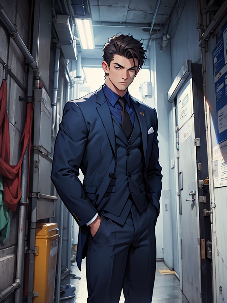 Drawing of a Young Chad, Dark blue suit, Hands in pockets, Looking at the camera, male, Shoot from the torso upwards