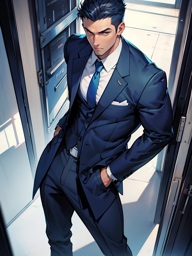 Drawing of a Young Chad, Dark blue suit, Hands in pockets, Looking at the camera, male, Shoot from the torso upwards