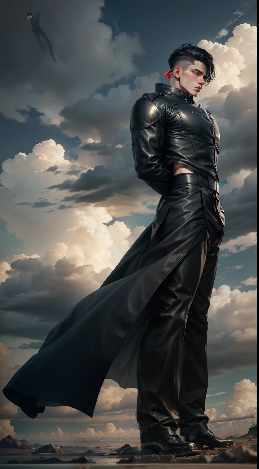 boys 26 Years old, Serious face, wearing long black leather suits, black pants, black hair, hands behind his back, levitate on sky, blue sky, cloud