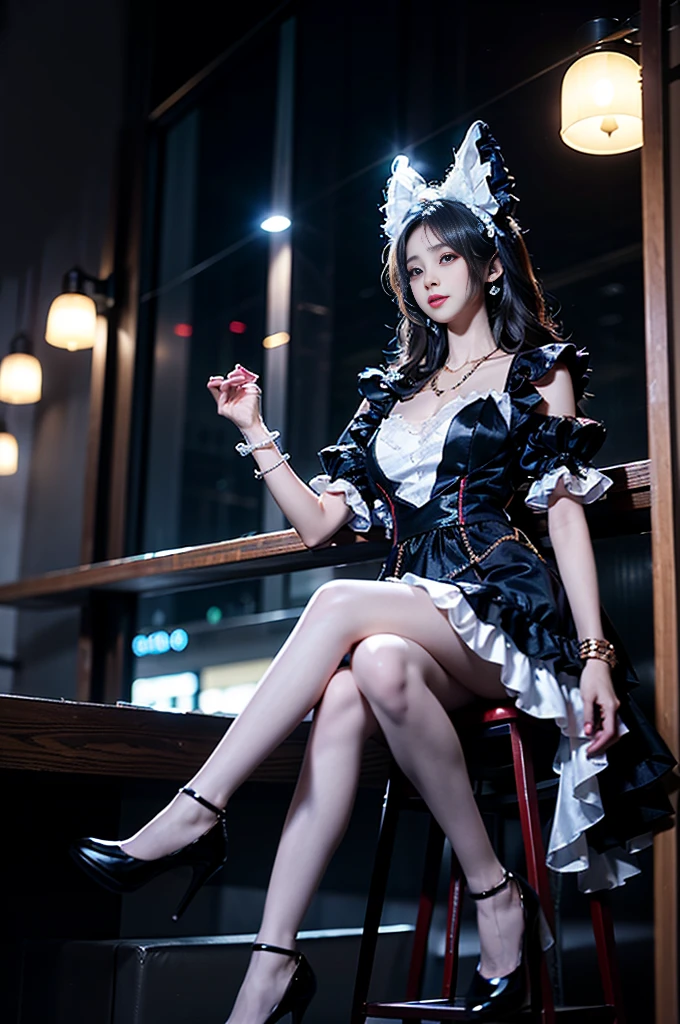 shinano role play costume, role play, High Leg Raise, High heel, transparent, Fox Tail, Multi-tail, ((whole body)), ((From below)), ((Sitting)), ((Sit on a bar stool)), Clear face, Pretty Face, 8K, masterpiece, original photo, best quality, detail:1.2,lifelike, detail, Very detailed, CG, Unite, wallpaper, Depth of Field, light, lens flare, Ray Tracing, (Extremely beautiful face, Beautiful lips, beautiful eyes), complex, detail的脸, ((ultra detailed skin)), 1 girl, in the darkness, Deep Shadows, Beautiful Korean girl, Korean Idol,(Very slim figure:1.3), Full breasts, Large Breasts, Slender sexy legs, Very beautiful legs, Elegant Posture, (A bright smile), (City night, (Neon lights), (night), Beautiful Korean girl, White Diamond Earrings, Diameter Bracelet, Deya Necklace, Clear eyes, (big eyes)