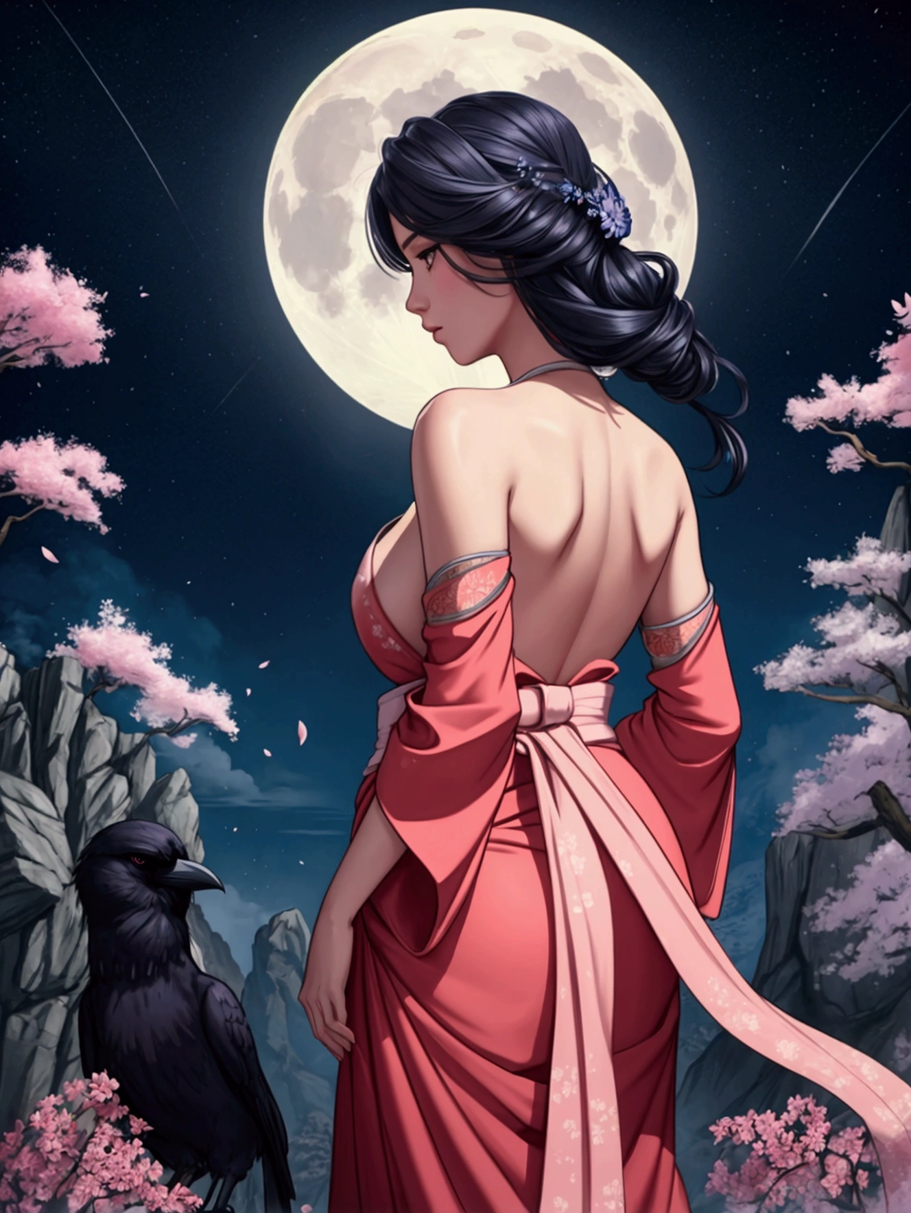 The image is a digital painting set against a mystical landscape.. This scene is big, The pale moon and celestial bodies filling the sky, emit a soft light. This moon seems to be close to the viewer, The surface has subtle spots and marks..

In the foreground, A person standing with their back to the viewer, Take in the breathtaking views. This person is wearing traditional clothing.., It may be reminiscent of ancient East Asian clothing.. They wear blue kimonos or robes, adorned with intricate floral patterns. A red belt is tied around the waist. figure&#39;The hair is tied in a bun, Add accessories and you&#39;re done!.

Below the man is a rock outcrop, An observation deck-like place surrounded by rugged terrain. The surroundings are distorted, A knotty tree like a cherry tree. Pink and red flowers fluttering in the breeze, Creates a shower of petals that dance around the scene. This mysterious atmosphere、Birds flying in the sky(Probably a crow or a raven)this is、, Their dark silhouettes、It contrasts sharply with the bright background of the moon..

The overall color palette is、Cool blues and greys dominate, A touch of pink and red cherry blossoms, Give your artwork a calming feel, Dreamlike quality. 

This image evokes introspective feelings., Tranquility, and the timeless beauty of nature.