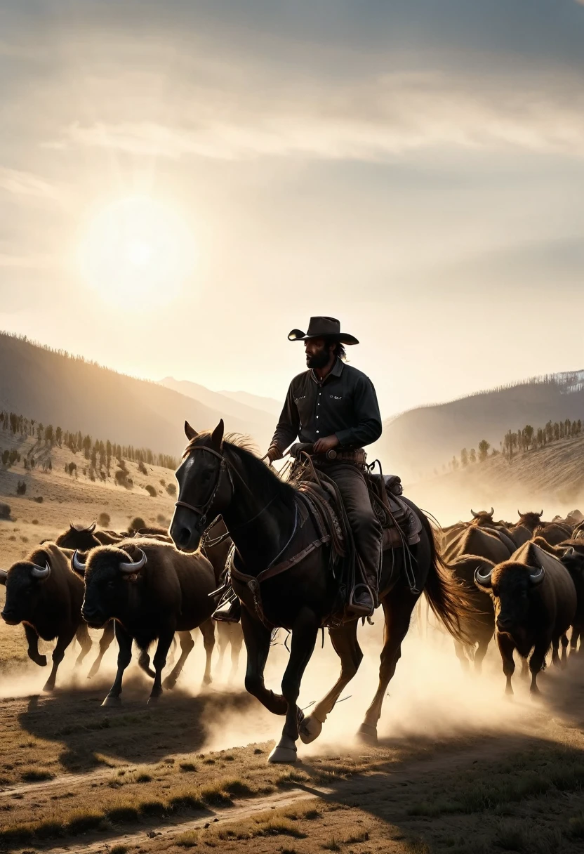 (masterpiece, Highest quality, Very detailed, Wide Shot), silhouette, (Western cowboy on horseback), He chases a herd of buffalo from behind towards the crowd., Wagon together, In the wilderness of western North America in the 19th century, With the sunset in the background, Dynamic Motion Blur, Cinema Lighting, Dynamic action scenes