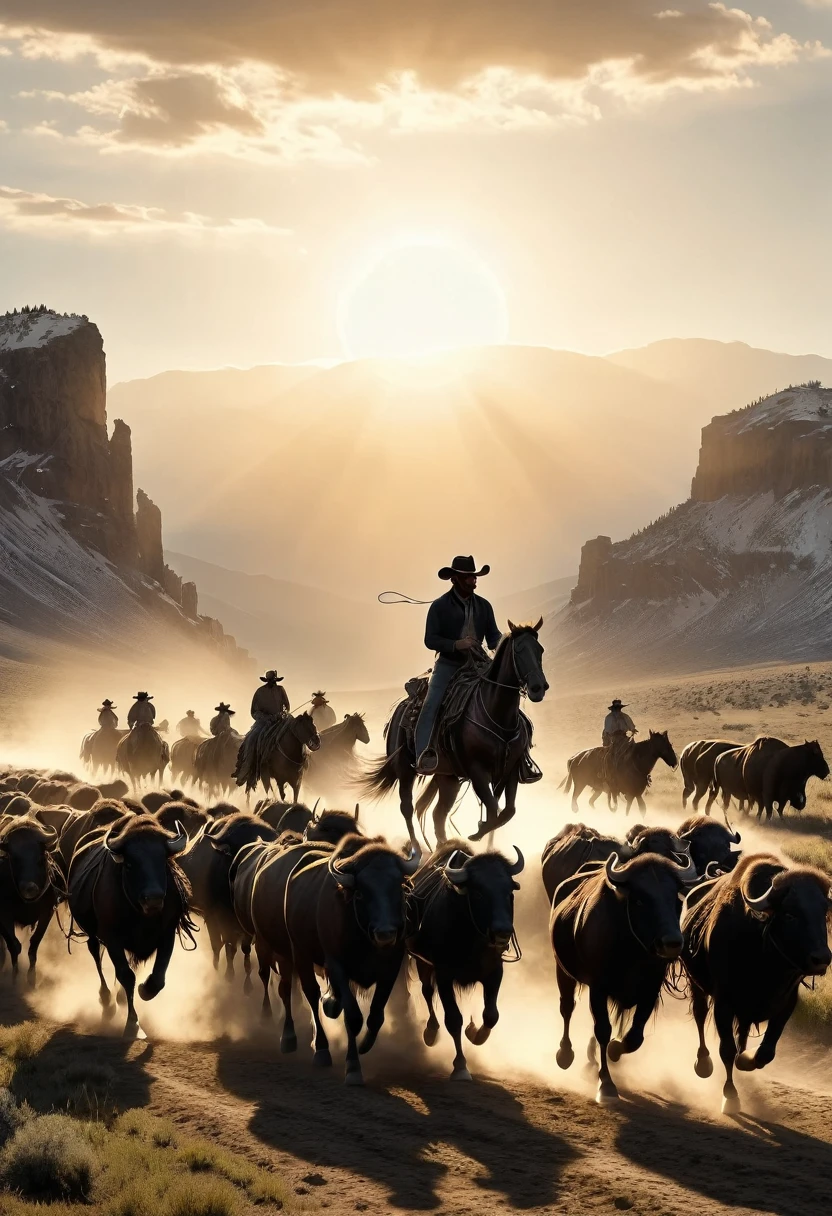 (masterpiece, Highest quality, Very detailed, Wide Shot), silhouette, (Western cowboy on horseback), He chases a herd of buffalo from behind towards the crowd., Wagon together, In the wilderness of western North America in the 19th century, With the sunset in the background, Dynamic Motion Blur, Cinema Lighting, Dynamic action scenes