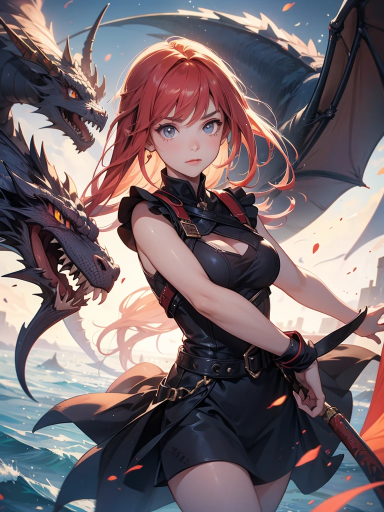 Young woman between 20 years old, long red hair orange eyes, sharp teeth, simple clothing, dragon ear, dragon horn, big chest, dragon eyes, dragon skin