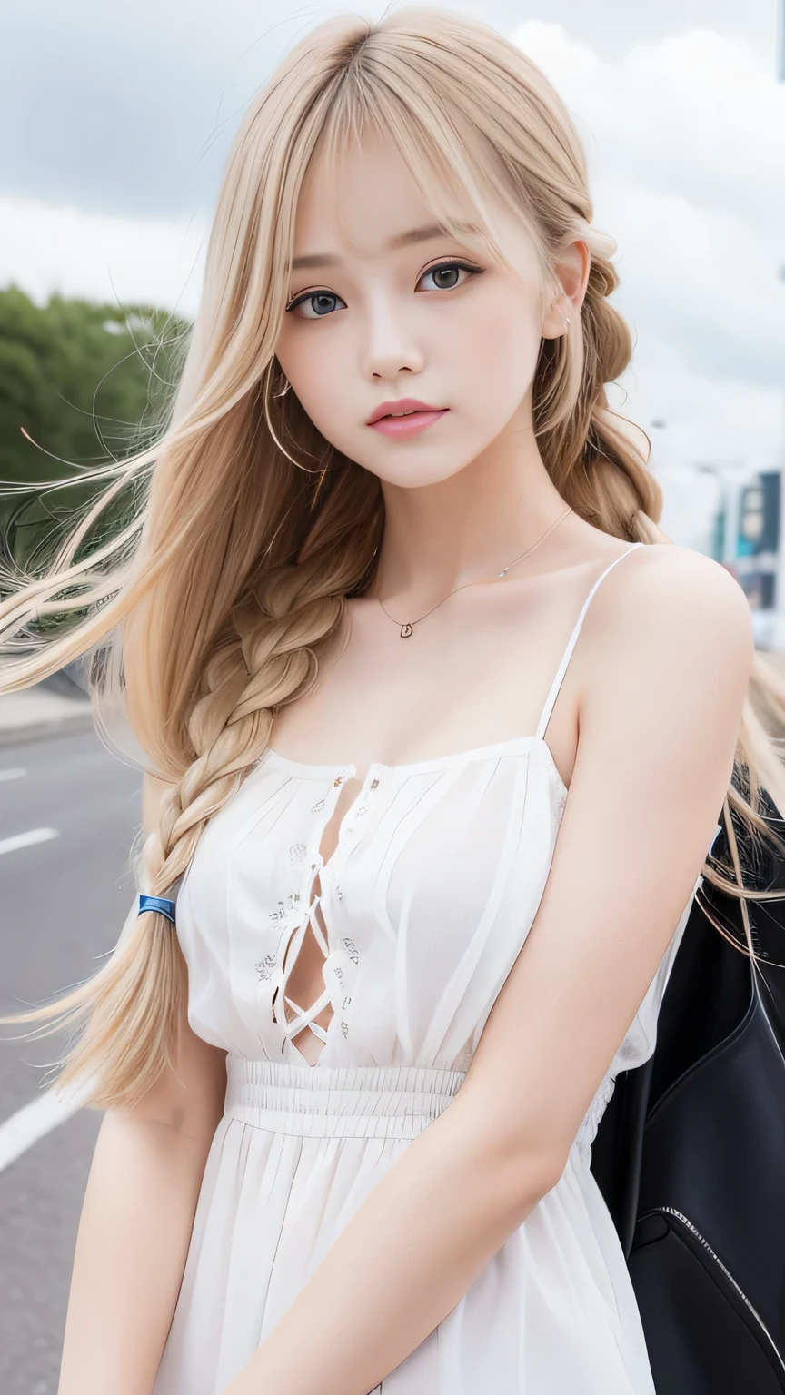 Sexy Big 、Sexy cute looks and cute beautiful girl, beautiful and sexy face、A strong wind blows my hair in front of my face、beautiful long blonde French braided hair、beautiful, Cute and sexy eyes hidden behind long bangs