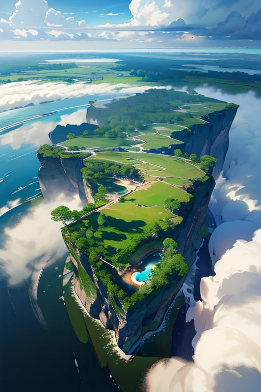 no humans,　bird's-eye view,
((An island floating above the clouds)(Floating：1.5)),A river that flows through the center of the island,Cascading Waterfall,Vast grassland,There&#39;s a haze in the distance,
Beyond the Clouds,reflection,Breathtakingly beautiful clouds,Dazzling Light,altostratus,Majestic Landscape,