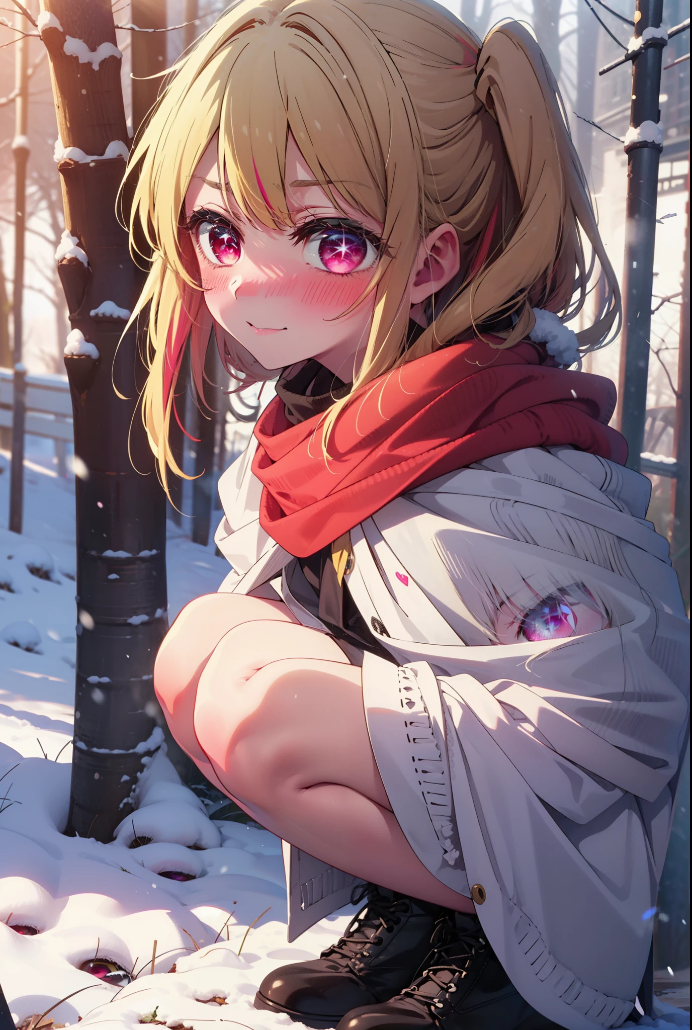 rubyhoshino, Hoshino Ruby, Long Hair, bangs, blonde, (Pink Eyes:1.3), Side Lock, (Symbol-shaped pupil:1.5), Multicolored Hair, Two-tone hair, smile,,smile,blush,white breath,
Open your mouth,snow,Ground bonfire, Outdoor, boots, snowing, From the side, wood, suitcase, Cape, Blurred, , forest, White handbag, nature, Squat, Mouth closed, Cape, winter, Written boundary depth, Black shoes, red Cape break looking at viewer, Upper Body, whole body, break Outdoor, forest, nature, break (masterpiece:1.2), Highest quality, High resolution, unity 8k wallpaper, (shape:0.8), (Beautiful and beautiful eyes:1.6), Highly detailed face, Perfect lighting, Highly detailed CG, (Perfect hands, Perfect Anatomy),