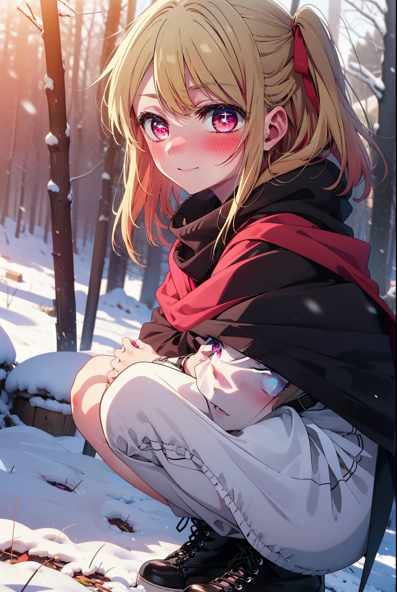 rubyhoshino, Hoshino Ruby, Long Hair, bangs, blonde, (Pink Eyes:1.3), Side Lock, (Symbol-shaped pupil:1.5), Multicolored Hair, Two-tone hair, smile,,smile,blush,white breath,
Open your mouth,snow,Ground bonfire, Outdoor, boots, snowing, From the side, wood, suitcase, Cape, Blurred, , forest, White handbag, nature, Squat, Mouth closed, Cape, winter, Written boundary depth, Black shoes, red Cape break looking at viewer, Upper Body, whole body, break Outdoor, forest, nature, break (masterpiece:1.2), Highest quality, High resolution, unity 8k wallpaper, (shape:0.8), (Beautiful and beautiful eyes:1.6), Highly detailed face, Perfect lighting, Highly detailed CG, (Perfect hands, Perfect Anatomy),