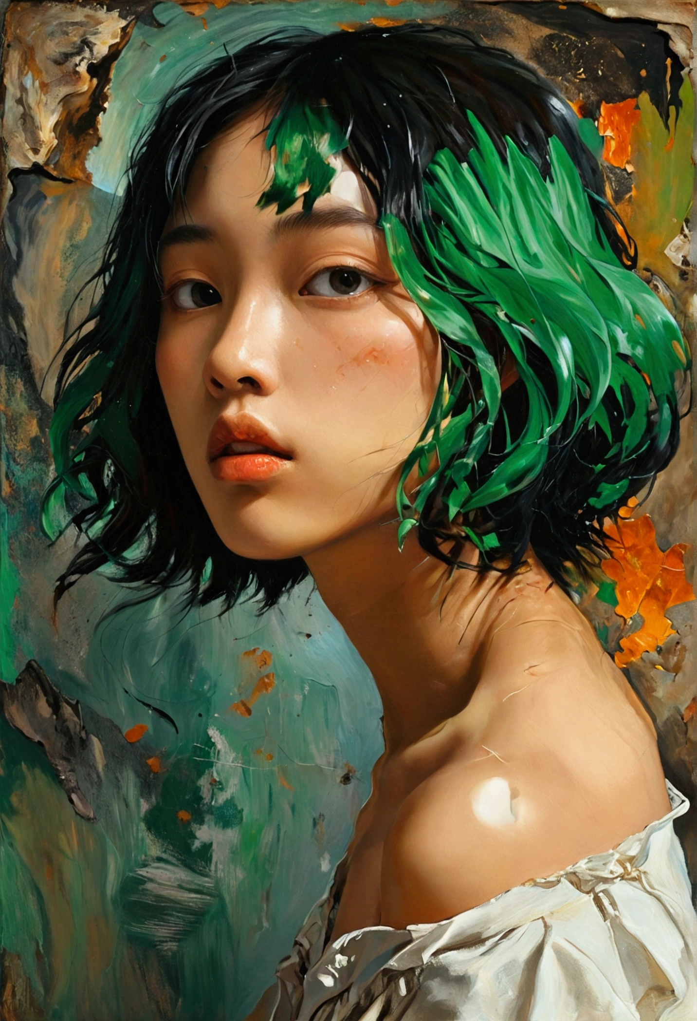 Contemporary painting、Semi-figurative and semi-abstract paintings、Upper body portrait of a young man of half Asian and half Caucasian descent(Realistic: anime=5:5)、Her body is tilted slightly to the right, like the Mona Lisa.、Hair is green、
Vermillion Background、Black Volcano(Graphical Image)、The words of a poem are faintly drawn, and are indecipherable.(The jade sun shines in the distance)、A touch of impressionism、Surrealism、Cubist composition at the bottom of the screen、Background: Five damaged Renaissance-style human sculptures(Transmittance 20%)、Animals like those in the Lascaux caves(Transmittance 50%)