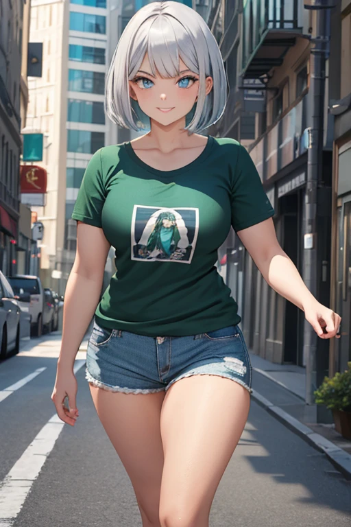 A woman with silver bob hair and blue eyes, wearing green T-shirt, wearing hot pants , gazing condescendingly at the viewer with a cute grinning expression, extremely detailed and realistic, masterpiece quality, ultra-detailed, HDR, studio lighting, vivid colors, physically-based rendering, thick muscular thighs, beautiful muscular thighs, girl, attractive buttocks, Walking on the road at night