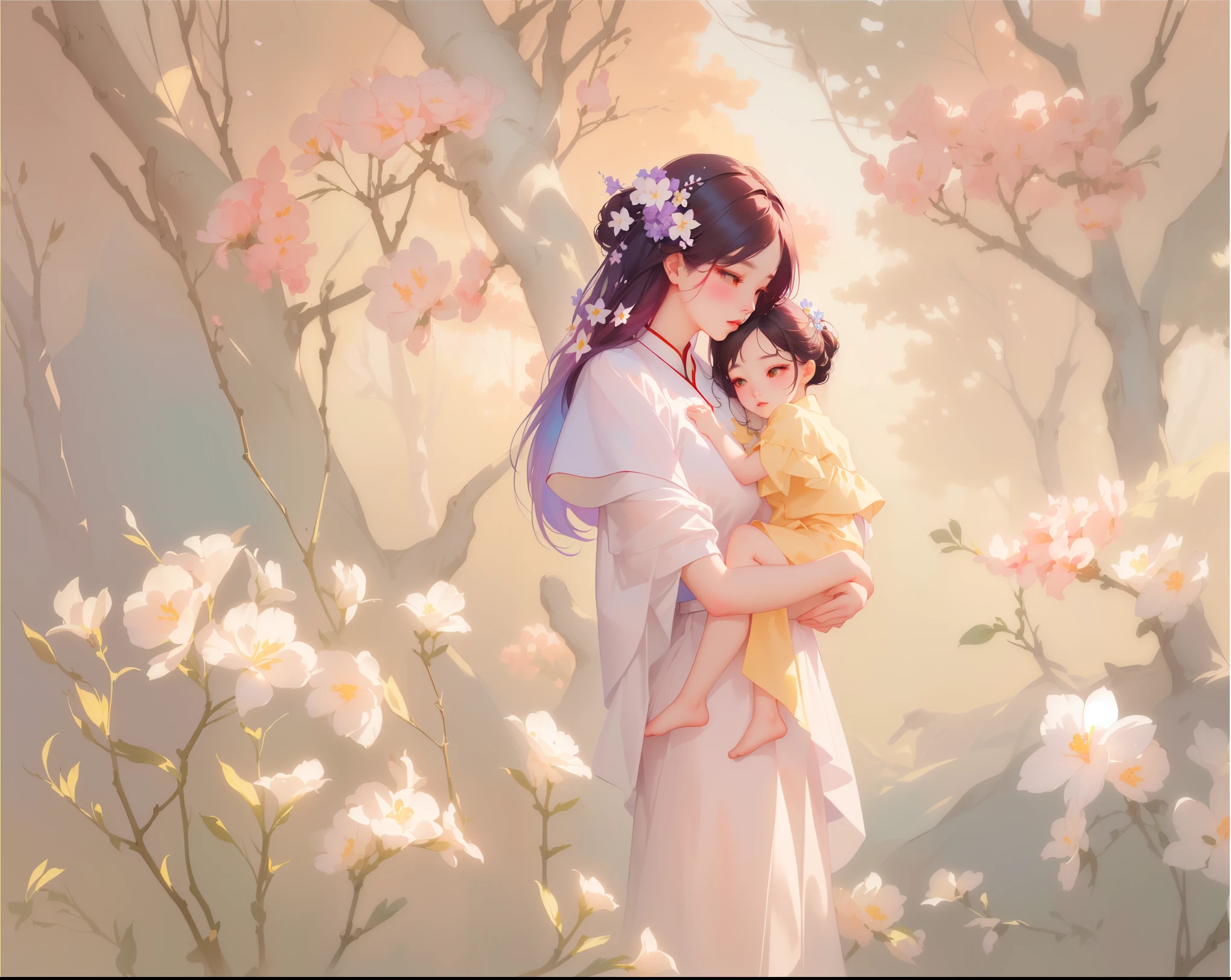 (masterpiece, top quality, best quality, Extremely detailed details, official art, Light Effect, Beauty and aesthetics: 1.2，)Painting of a mother and her daughter among flowers, inspired author Hsiao-Ron Cheng, inspired by Yanjun Cheng, guweiz style artwork, Pastel style, Elegant Numbers, yanjun chengt, by Yanjun Cheng, author：Cold plum, author Hsiao-Ron Cheng, Beautiful digital illustrations