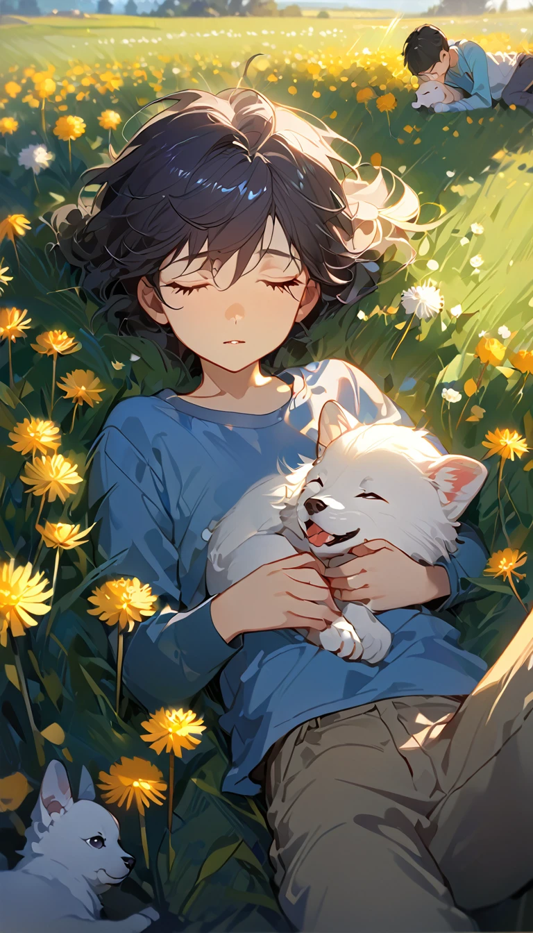 masterpiece, best quality, 8k, 4k, 1boy, ???, sleeping, dark blue hair with red stripes, blue long sleeve shirt, short pale brown pants with pocket, lay down on the field, white puppy sleeping next to the boy, siberian white puppy, white dandelions fields, dandelions Taraxacum erythrosperm, wind blowing, sleeping on the fields, finely detailed eyes and detailed face, inspired by Asukaziye artist : ask, art style : ask
