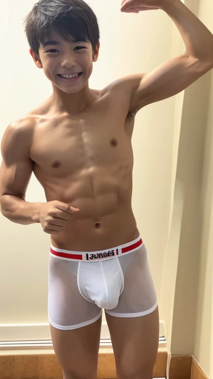 Japanese men、s old、Muscles and smooth skin、Very short black hair、Relaxed and friendly smile、Light yellow thin boxer briefs、the whole body looks good、Laughing with your mouth open、