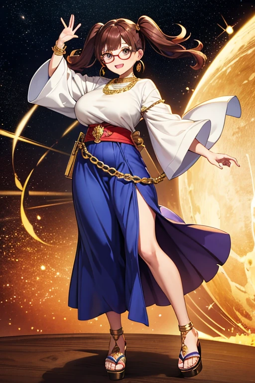 Anime Art、Full body portrait、Space SF Merchant、A curvy woman, about 165cm tall and about 34 years old, standing upright with a gold scale in one hand, wearing a blue shirt and a long skirt with a slit reaching down to her ankles、Red eyeshadow、Glasses、Laughing with mouth open、Her hairstyle is short twin tails.、2Chignon、Brown Hair、Dark Eyes、Gold earrings、Gold Necklace、Gold Bracelet、Red platform sandals