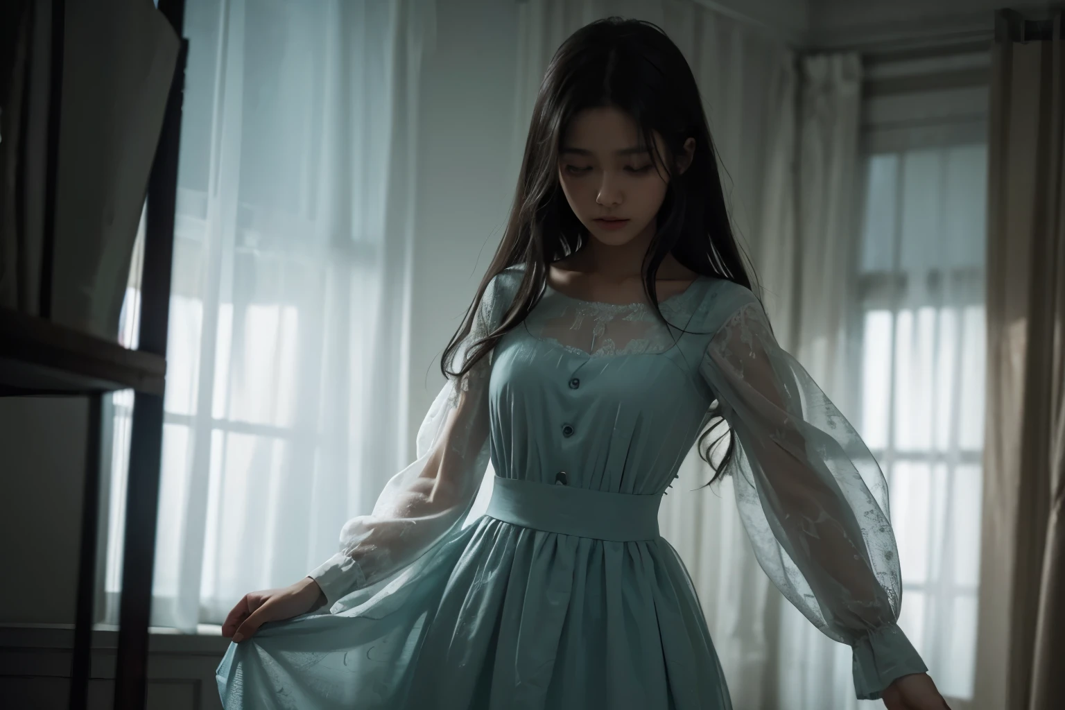 A young girl in a floral dress levitates in a dimly lit bedroom, her arms outstretched as if in fear or awe. Behind her, a ghostly figure, translucent and ethereal, appears to be reaching out towards her. The scene is captured in a grainy, vintage style, evoking a sense of unease and mystery. The overall mood is unsettling and haunting, with a hint of the supernatural.
