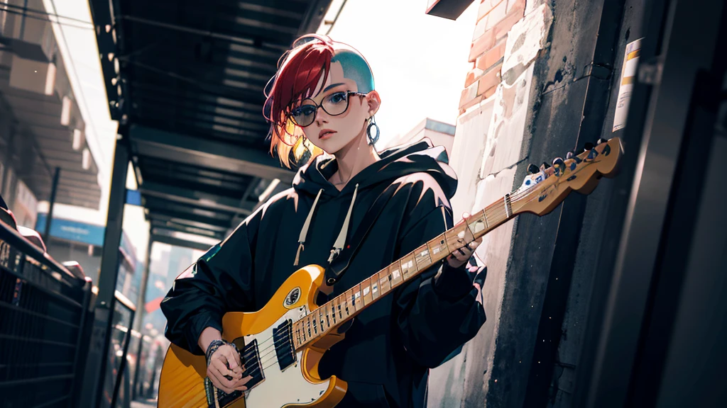 Girl. (masterpiece: 1.2, highest quality), (real picture, intricate details), (1 female, alone, Upper body, ) clothing: sharp, stylish, nice, Snazzy, substandard, avant garde, experimental look: shaved head or Boldな hair color,black hoodie, rock star behavior: restive, Unsuitable person, Provocative venues: urban art district, Underground music scene hobbies: , Create art with mixed media, Experiment with the values of different subcultures: personality,  creative expression source of inspiration:R＆B culture icon, avant garde art movements Character traits: Boldな, Bold, substandard.