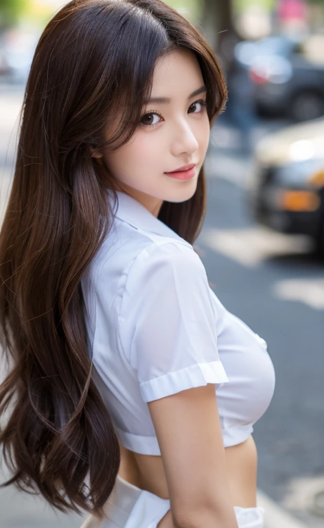 (highest quality、8k、masterpiece:1.3))、Sharp focus:1.2、Beautiful woman with perfect style:1.0、Slender Abs:1.2、((Dark Brown Hair、Big Breasts:1.2))、(White chest button-open shirt for him:1.1)、street:1.2、Highly detailed face and skin texture、Detailed eyes、double eyelid、Less exposure、