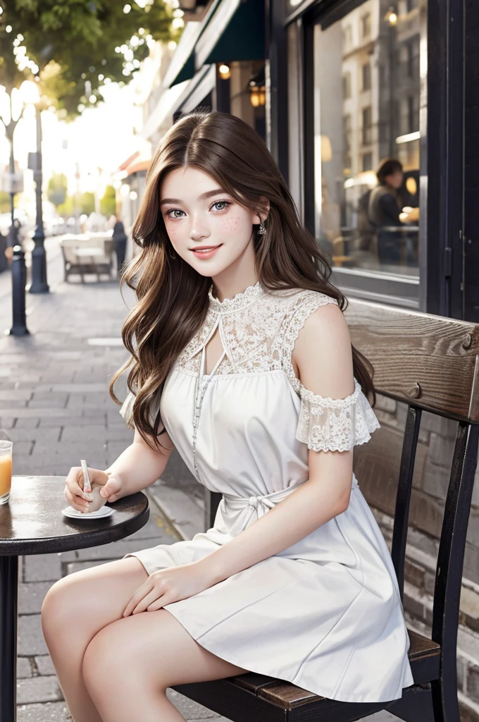 A very pretty brunette 22 years old, long hairstyle, freckles, beautiful eyes, great smile, white dress, sitting in street cafe, length of field, professional photography, hasselblad quailty